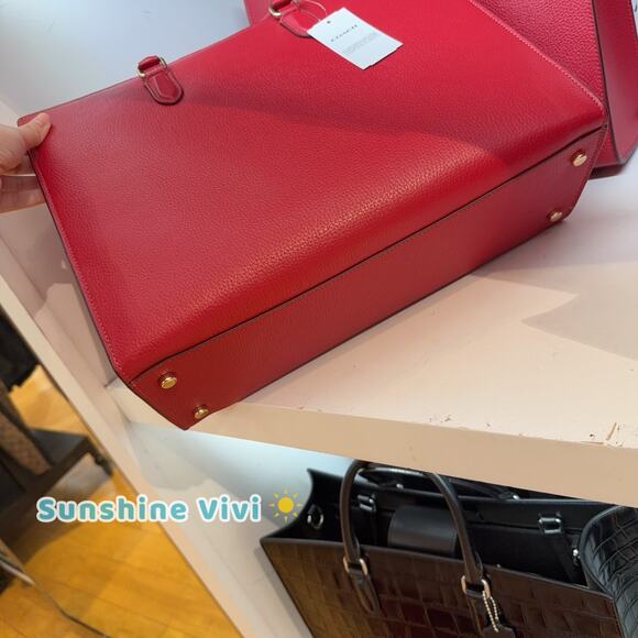 NWT Bundle Coach Maggie Tote Bag Leather CY666 Gold/True Red & Long Charm Chain - Picture 9 of 16